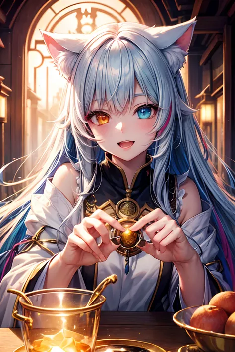 Top quality, high resolution, perfect human anatomy, background focus, front view, seven-colored hair, glowing hair, cat ears, priestess clothing, shrine, heterochromia, teeth, shining hair, gradient eyes,