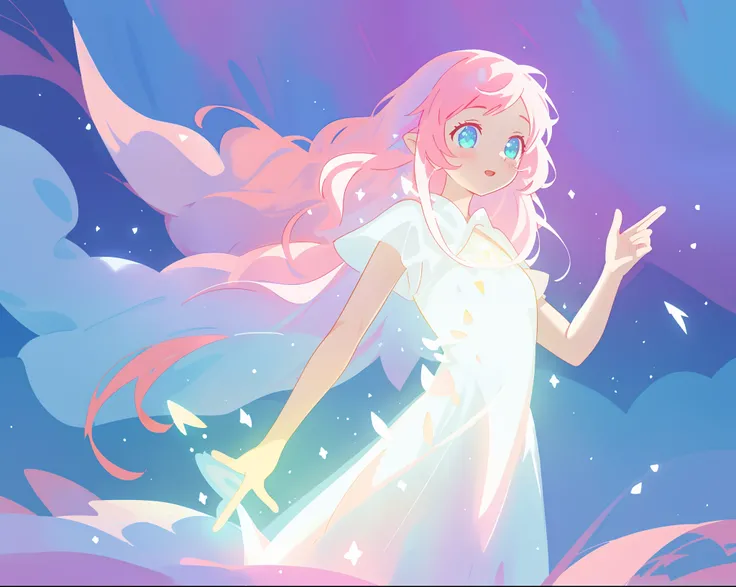 beautiful girl in glowing white dress, ((flowing white ballgown)), vibrant pastel colors, (colorful), magical lights, long flowing colorful pink hair, ((glowing aura around her)), flowing glowing hair, fantasia landscape background, whimsical, magical, fan...