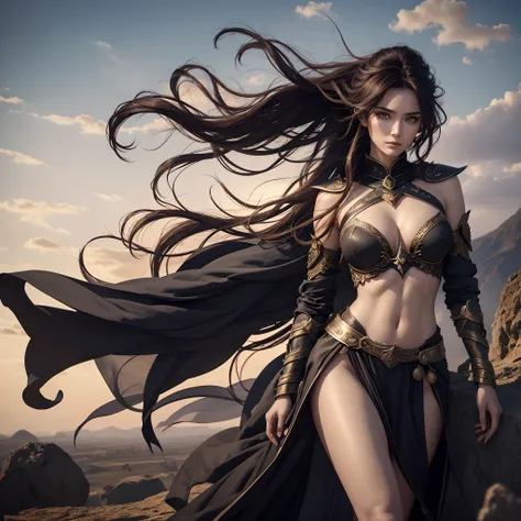 26 yo War Goddess in a fantasy world, posing for viewer, messy hair, asymmetrically placed hair, tall woman, stunningly beautiful woman, arm sleeves, seductress, hair flowing in the wind, emphasis on intense eyes and legs