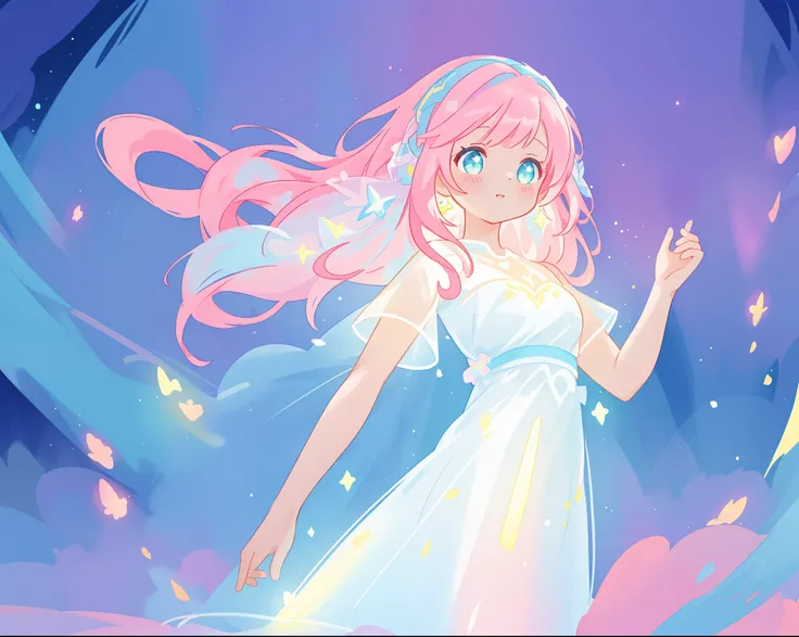 beautiful girl in glowing white dress, ((flowing white ballgown)), vibrant pastel colors, (colorful), magical lights, long flowing colorful pink hair, ((glowing aura around her)), flowing glowing hair, fantasia landscape background, whimsical, magical, fan...