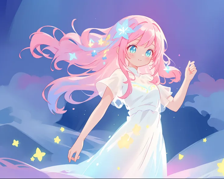 beautiful girl in glowing white dress, ((flowing white ballgown)), vibrant pastel colors, (colorful), magical lights, long flowing colorful pink hair, ((glowing aura around her)), flowing glowing hair, fantasia landscape background, whimsical, magical, fan...