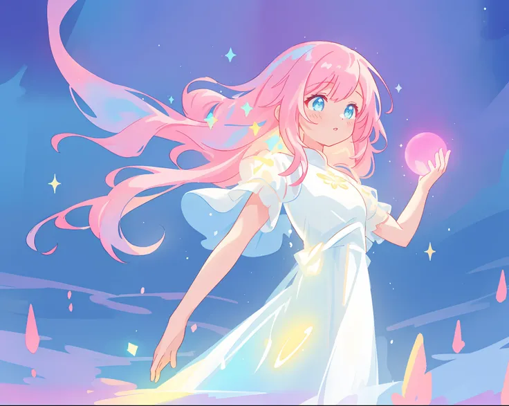 beautiful girl in glowing white dress, ((flowing white ballgown)), vibrant pastel colors, (colorful), magical lights, long flowing colorful pink hair, ((glowing aura around her)), flowing glowing hair, fantasia landscape background, whimsical, magical, fan...