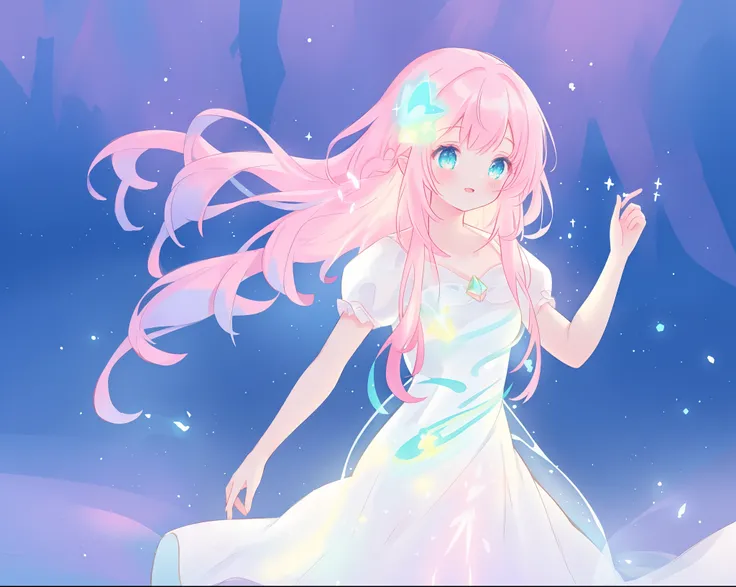 beautiful girl in glowing white dress, ((flowing white ballgown)), vibrant pastel colors, (colorful), magical lights, long flowing colorful pink hair, ((glowing aura around her)), flowing glowing hair, fantasia landscape background, whimsical, magical, fan...