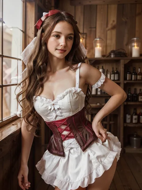 Masterpiece, best quality female, (French),(small breast), (very long curly brunette volumetric hair:1.33), (white crinoline inside with red corset outside:1.33), (short red skirt:1.33), flat headband, (detailed beautiful hazel eyes:1.33), detailed blush s...