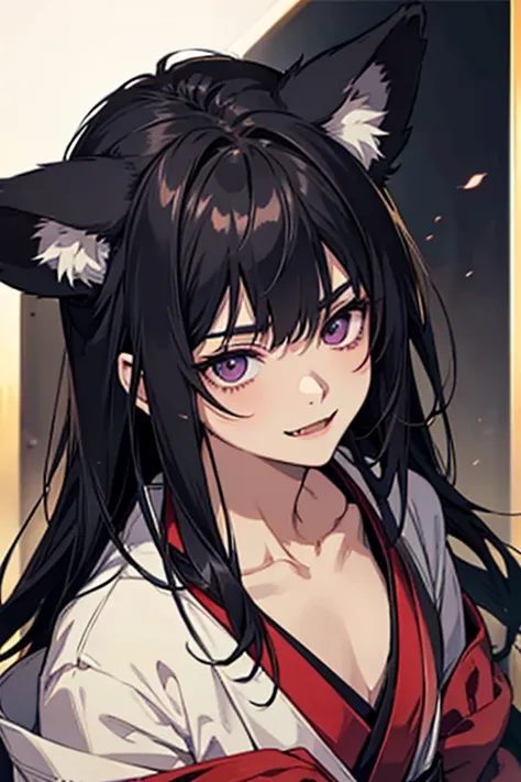 masterpiece, best quality, young japanese man posing for a portrait, 1boy, male focus, solo, kitsune, fangs, pale skin, violet eyes, tsurime, hime cut, straight hair, black hair, long hair, kemonomimi, animal ears, black fox ears, japanese clothes, kimono,...