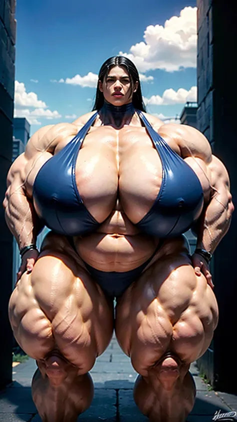 ((Head to toe:1.5)), ((retrato do lado esquerdo do corpo)), duas mulheres Araffe usando micro bikini preto posando para uma foto, corpo grande, pernas longas, exaggeratedly large physique, thicc, absurdly massive physique, poderoso e enorme, huge muscles, ...