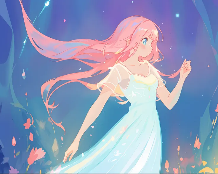 beautiful girl in glowing white dress, ((flowing white ballgown)), (looking away, profile view), vibrant pastel colors, (colorful), magical lights, long flowing colorful pink hair, ((glowing aura around her)), flowing glowing hair, fantasia landscape backg...