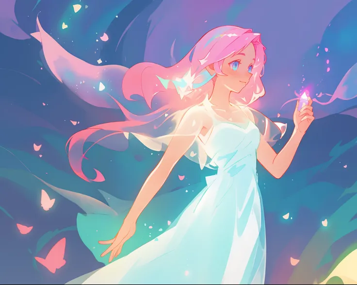 beautiful girl in glowing white dress, ((flowing white ballgown)), (looking away, profile view), vibrant pastel colors, (colorful), magical lights, long flowing colorful pink hair, ((glowing aura around her)), flowing glowing hair, fantasia landscape backg...