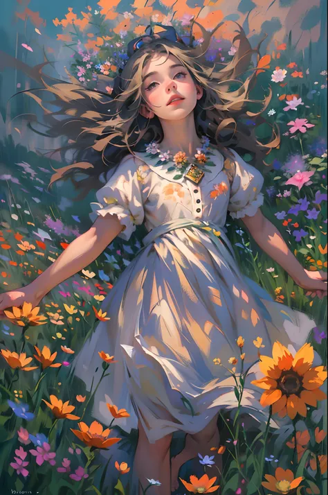 alice in the wonderland, (A bow on the head:1.1), Upper body，There is a girl standing in a flower field looking up at the sky, A girl standing in a flower field, A girl walks in a flower field, Get lost in a fantastic wonderland, standing in flower field, ...