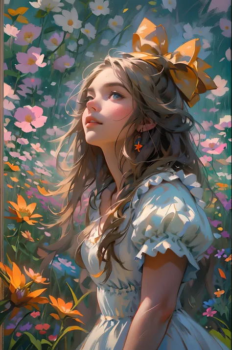 alice in the wonderland, (A bow on the head:1.1), Upper body，There is a girl standing in a flower field looking up at the sky, A girl standing in a flower field, A girl walks in a flower field, Get lost in a fantastic wonderland, standing in flower field, ...