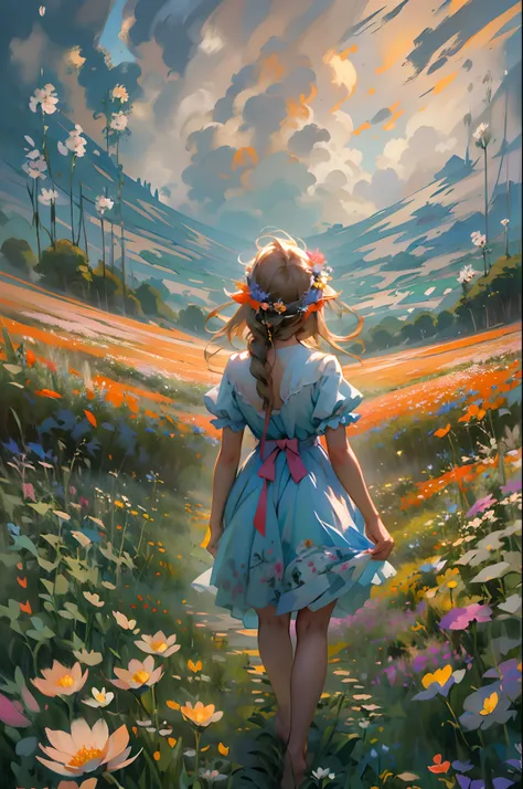 alice in the wonderland, (A bow on the head:1.1), Upper body，There is a girl standing in a flower field looking up at the sky, A girl standing in a flower field, A girl walks in a flower field, Get lost in a fantastic wonderland, standing in flower field, ...