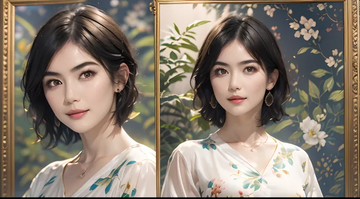 94
(a 20 yo woman,is standing), (A hyper-realistic), (masutepiece), ((short-hair:1.46)), (Smooth black hair), wear long pants, (Wearing a long-sleeved shirt with a floral print), (painterly、picture frame), (Gentle smile), (Keep your mouth shut), Light and ...