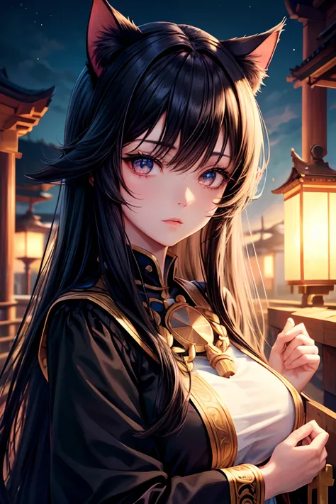 Top quality, high resolution, perfect human structure, background focus, front view, glowing hair, cat ears, black hair, long, shrine, temple, priestess outfit, gradient eyes, swept bangs,