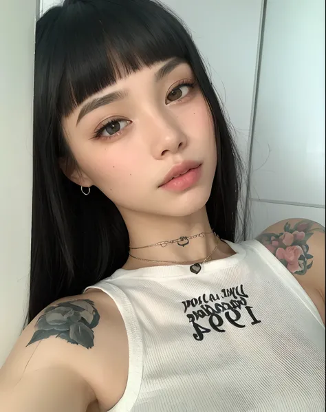 a close up of a woman with a tattoo on her arm, 🤤 retrato da menina, Ela tem cabelo preto com franja, de menina taiwanesa com tatuagens, com tatuagem facial, Beautiful Asian girl, kawaii retrato realista, menina bonito-fino-cara, com cabelos longos e olhos...