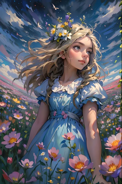 alice in the wonderland, (A bow on the head:1.1), Upper body，There is a girl standing in a flower field looking up at the sky, A girl standing in a flower field, A girl walks in a flower field, Get lost in a fantastic wonderland, standing in flower field, ...