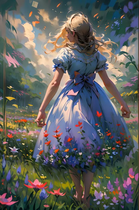 alice in the wonderland, (A bow on the head:1.1), Upper body，There is a girl standing in a flower field looking up at the sky, A girl standing in a flower field, A girl walks in a flower field, Get lost in a fantastic wonderland, standing in flower field, ...