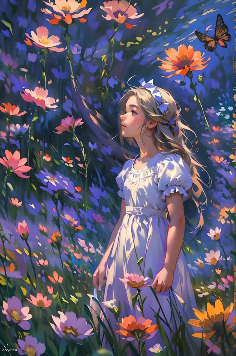 alice in the wonderland, (A bow on the head:1.1), Upper body，There is a girl standing in a flower field looking up at the sky, A girl standing in a flower field, A girl walks in a flower field, Get lost in a fantastic wonderland, standing in flower field, ...