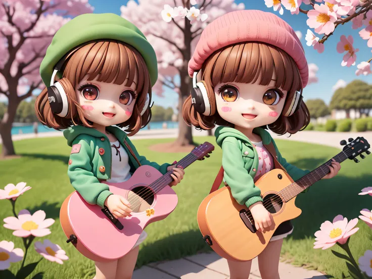 (masterpiece),(best quality),(ultra-detailed), (full body:1.2), 1girl,chibi,cute, smile, open mouth, flower, outdoors, playing guitar, music, beret, holding guitar, jacket, blush, tree, :3, shirt, short hair, cherry blossoms, green headwear, blurry, brown ...