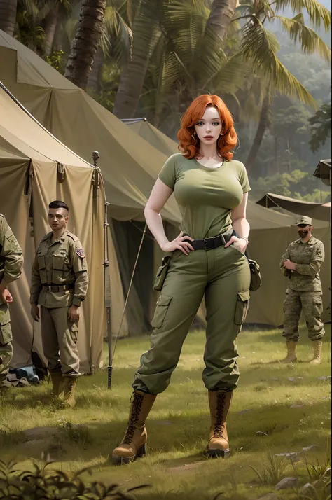 christina hendricks, masterpiece quality, realistic, daylight, wearing army fatigues, wearing combat boots, sweaty, on a militar...