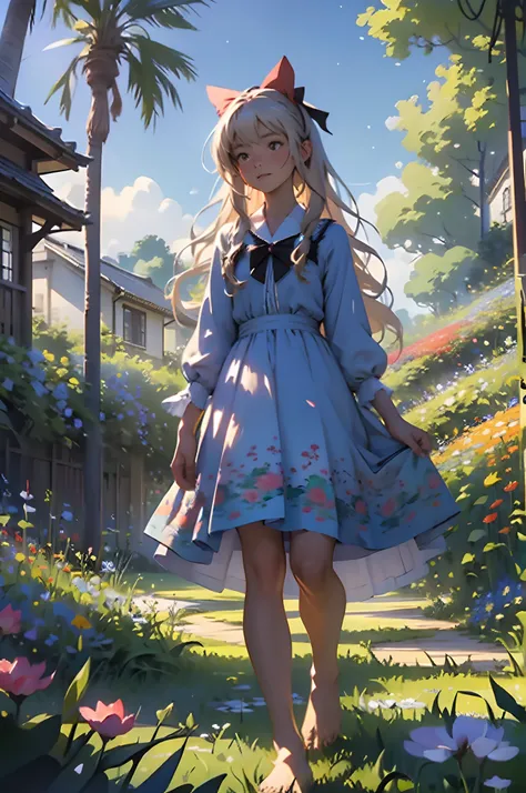 alice in the wonderland, (A bow on the head:1.1), Upper body，There is a girl standing in a flower field looking up at the sky, A girl standing in a flower field, A girl walks in a flower field, Get lost in a fantastic wonderland, standing in flower field, ...