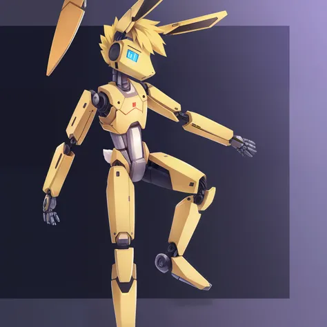 solo, male, rabbit, yellow colored fur, (snout,hair mechanical),  emotionless face, lean body, noticeable arm joints, noticeable leg joints, robot body