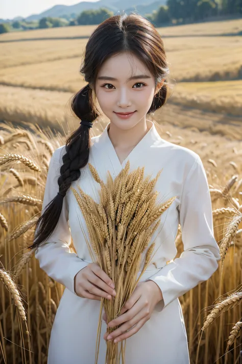 Korean woman, (Masterpiece, Beautiful people, Contaminated smile), Virtual Youku, Farm work in the countryside, (are present (Cut the wheat: 1.4)), fertilize, Weeding, plain face, No makeup, Country Girl, pony tails, Detailed skin texture, Detailed cloth t...