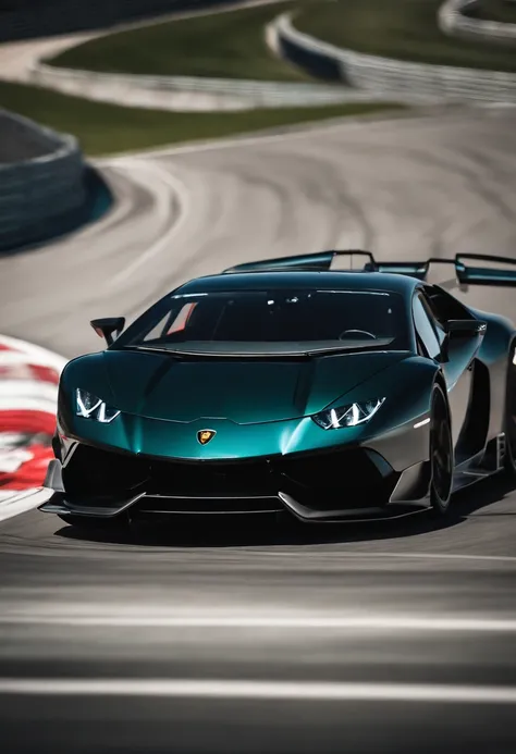 Envision a thrilling moment captured in time: a Lamborghini V12 Vision Grand Turismo racing down a track with breathtaking speed. Place the focus on the car, allowing its sleek design and dynamic lines to take center stage.

Zoom in on intricate details of...