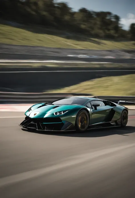 Envision a thrilling moment captured in time: a Lamborghini V12 Vision Grand Turismo racing down a track with breathtaking speed. Place the focus on the car, allowing its sleek design and dynamic lines to take center stage.

Zoom in on intricate details of...