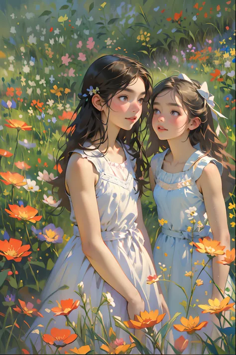 alice in the wonderland, (A bow on the head:1.1), Upper body，twogirls，2 sisters，There are two girls standing in a field of flowers looking up at the sky, Two girls standing in a field of flowers, Two girls walking in a field of flowers, Get lost in a fanta...