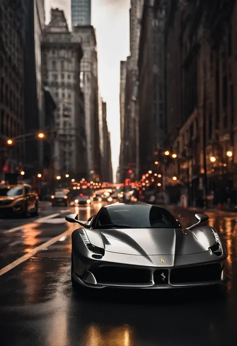 Visualize a stunning scene featuring a highly detailed FXX Ferrari gracefully cruising down the iconic Main Street in downtown NYC. Emphasize the sleek and perfect lines of this high-performance machine, capturing every curve and contour with meticulous pr...