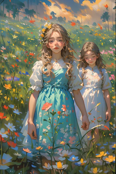 alice in the wonderland, (A bow on the head:1.1), Upper body，twogirls，2 sisters，There are two girls standing in a field of flowers looking up at the sky, Two girls standing in a field of flowers, Two girls walking in a field of flowers, Get lost in a fanta...