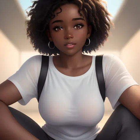 (best quality,highres,ultra-detailed),realistic,hair short curly, dark skin, 1girl, beautiful detailed eyes, beautiful detailed lips, white t-shirt, black pants, colorful background, playful expression, vibrant colors, natural lighting, Pixar style