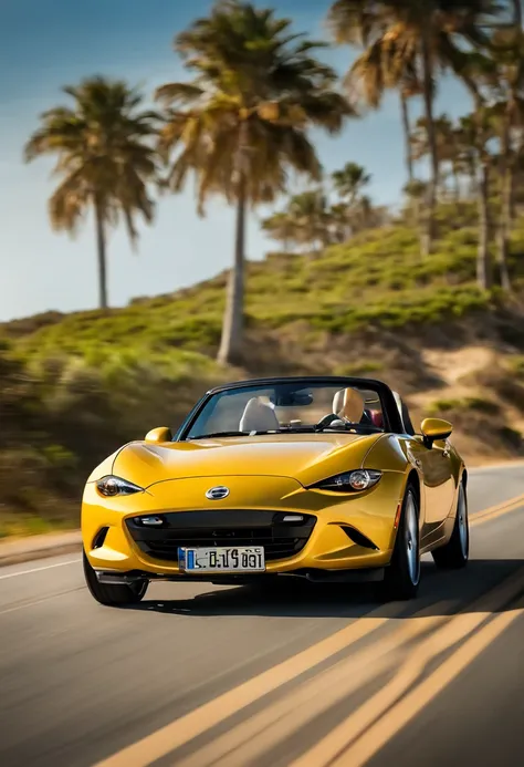 Envision a delightful scene where a vibrant yellow Miata convertible, its roof down, cruises with charm along a scenic coastal road by the water and beach. Shift the focus to the Miata, highlighting its compact and playful design as it embodies the spirit ...