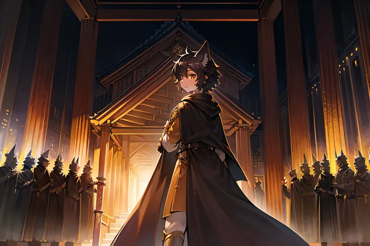 In front of the church，Black Haired Wolf，orange color shirt，Cloak，back to look back，pavilion，A long sword at the waist，sword sheath，crowd of，Shota，adolable，eventide，yellow sky