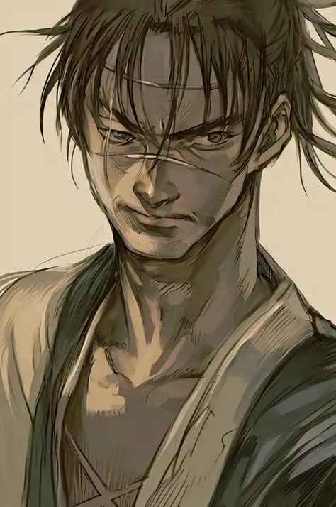 a drawing of a man with a long hair and a white shirt, roguish smirk, shikanosuke yagaki, from kenshin, takehiko inoue, portrait...