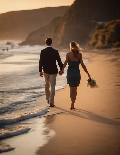 Imagine a heartwarming scene where a couple, hand in hand, strolls across a charming coastal road by the water and beach. Keep the focus on the couple, highlighting the connection between them as they enjoy a leisurely walk.

Zoom in on intricate details, ...