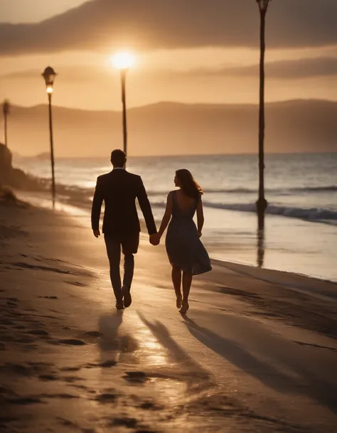 Imagine a heartwarming scene where a couple, hand in hand, strolls across a charming coastal road by the water and beach. Keep the focus on the couple, highlighting the connection between them as they enjoy a leisurely walk.

Zoom in on intricate details, ...