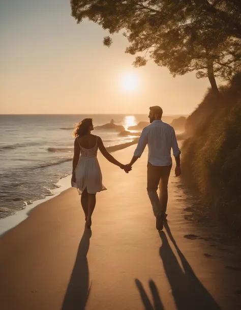 Imagine a heartwarming scene where a couple, hand in hand, strolls across a charming coastal road by the water and beach. Keep the focus on the couple, highlighting the connection between them as they enjoy a leisurely walk.

Zoom in on intricate details, ...