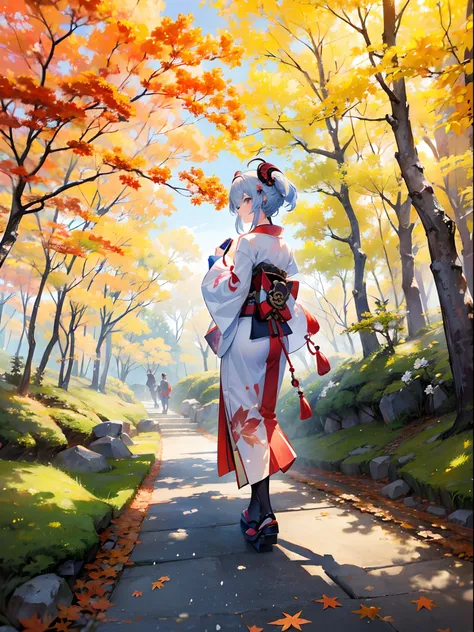 (masterpiece), (Genshin Impact), (Ganyu: 1.2), walking in a maple forest, kimono, beautiful scenery