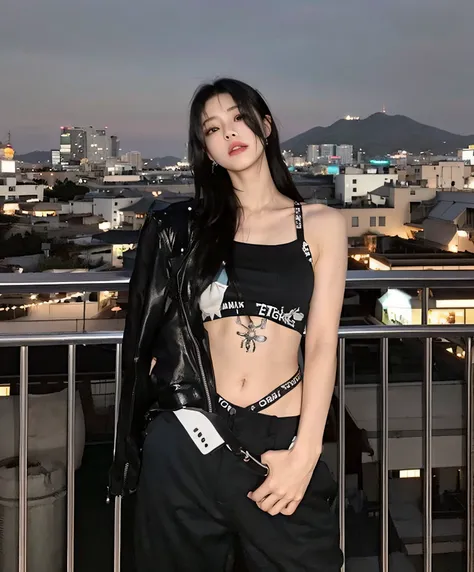 arafed woman in black top and pants standing on a balcony, cruel korean goth girl, jisoo de blackpink, jisoo de blackpink, lleva...