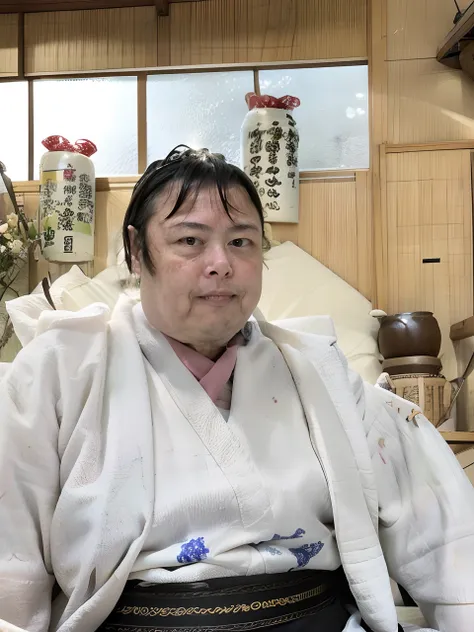 A man in a white robe is sitting on a chair.、Holding a bowl of food, sumo wrestler, sumo japanese, shikanosuke yagaki, hakusensha, wearing a haori, umanosuke iida, koyoharu gotouge, in a dojo, kintsukuroi, sakimimichan, an exhausted deity