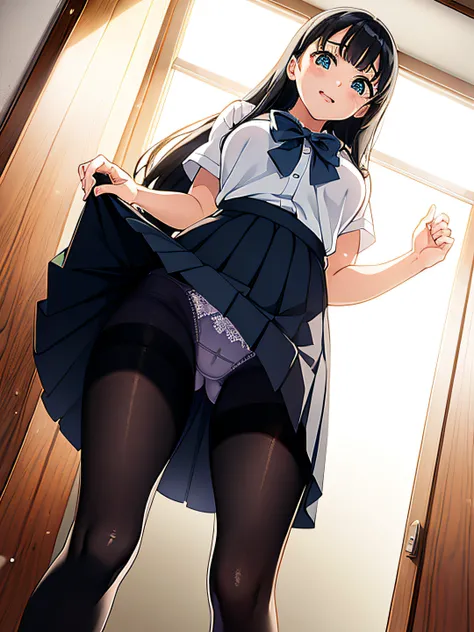 Anime girl in uniform standing on stairs with hands on her head, Anime visuals of cute girls, beautiful anime high school girl, Official art, nagatoro, official artwork, a hyperrealistic schoolgirl, marin kitagawa fanart, Hinata Hyuga, young anime girl, Sm...