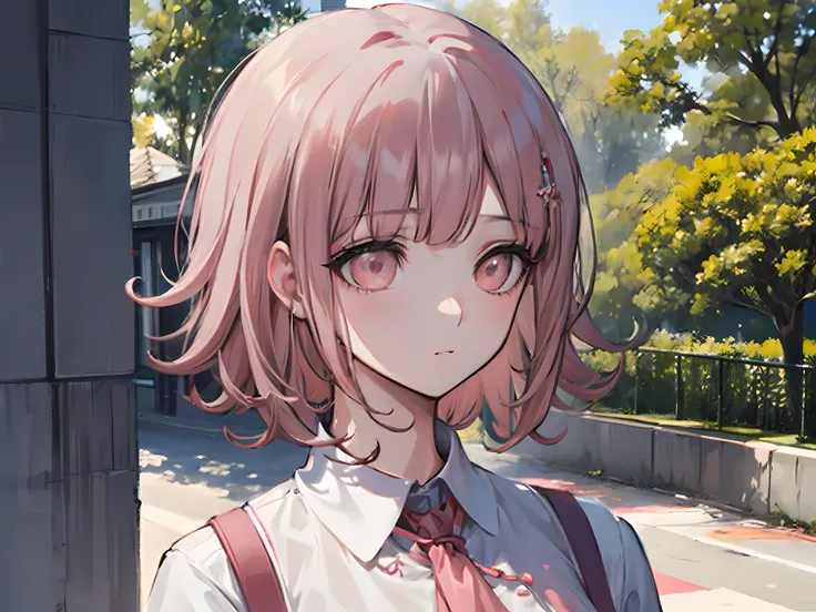 chiaki nanami sentado en un banco del parque, mirando al horizonte, pensativo, estar absorto, daylight, hermoso parque, pelo cor...