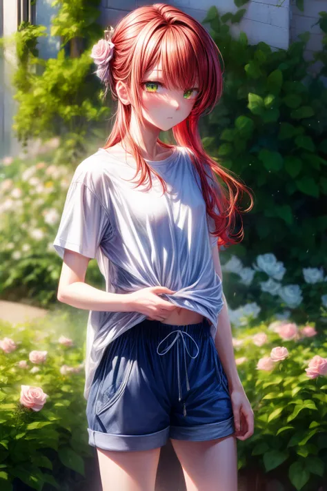 best quality, 超高分辨率, 1 boy, red hair, green eyes, short and thin body, wearing a white shirt and shorts, ((shyexpression)), rose...