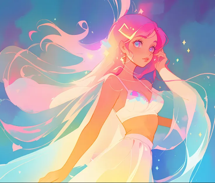 beautiful girl in white bra top and skirt, arabian princess, long colorful sparkling pink hair, watercolor illustration, Lois van Baarle, glowing aura around her, Glen Keane, jen bartel, glowing hair, beautiful digital illustration, fantasia background, be...