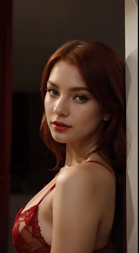 "Create a high-quality image featuring a woman with red hair, fair skin, and impeccable red lipstick application, exuding elegance and heightened sensuality. The lighting should be strategically arranged to play with light and shadow, enhancing her facial ...