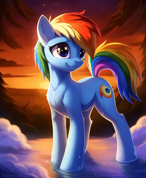 ((masterpiece)), ((best quality)), (8k), (high detailed), (beautiful), 1girl, feral, rainbow dash, smile, one character, mlp, pony, my little pony, horse, wet, all fours, (full body shoot:1.2), detailed hair, detailed fur, by hioshiru, by rattatatus78