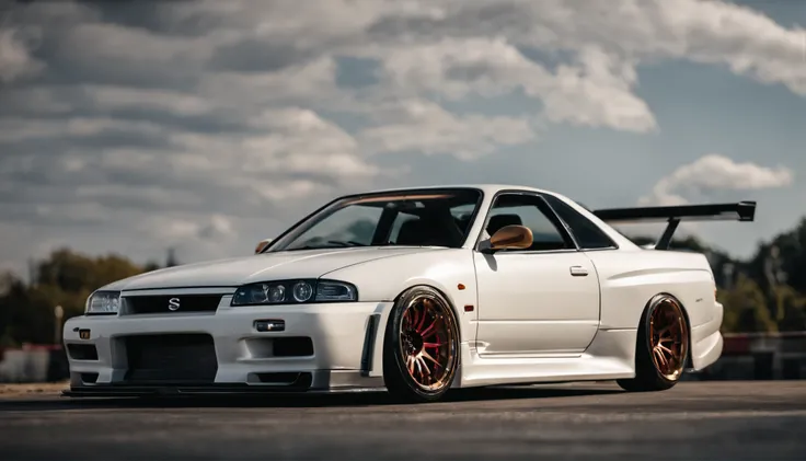 Picture a striking scene featuring a meticulously lowered and modified wide-body Nissan R33, embodying automotive artistry with its customized details. Zoom in on micro-details, capturing the intricacies that set this modified masterpiece apart.

Highlight...