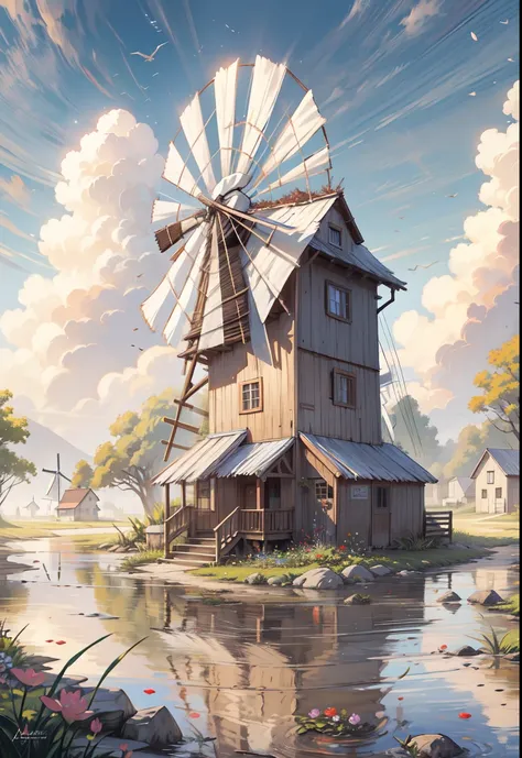 painting of a beautiful farm,with lots of flowers,lush greenery,a pond, water reflection, ((beautiful windmill)),((duck ))roaming around pond,barn beside windmill,sunkissed image,flowers, beautiful art uhd 4 k, a beautiful artwork illustration, beautiful d...