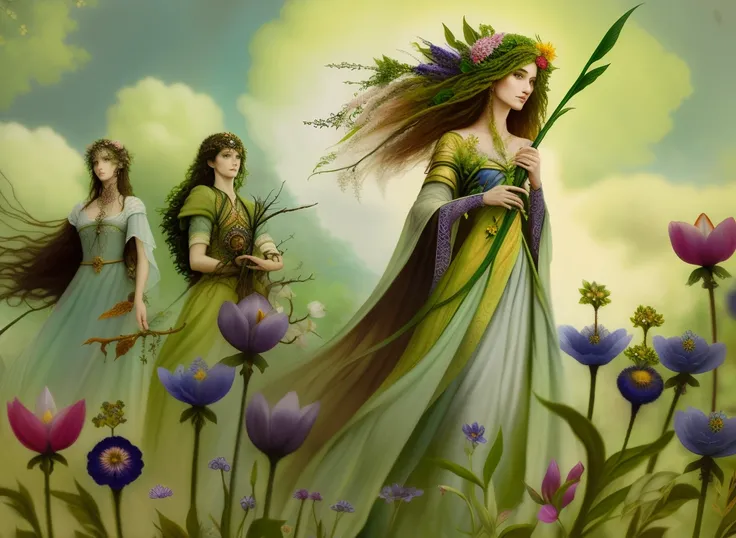 uma pintura de uma mulher em um campo com flores e outras pessoas, Deusa Druida, Arte de fantasia celta, Mitologia da Deusa da Terra, druida celta, female druid, persephone in spring, Arbustos e flores. esao andrews, Directed by: Rebecca Guay, fey queen of...